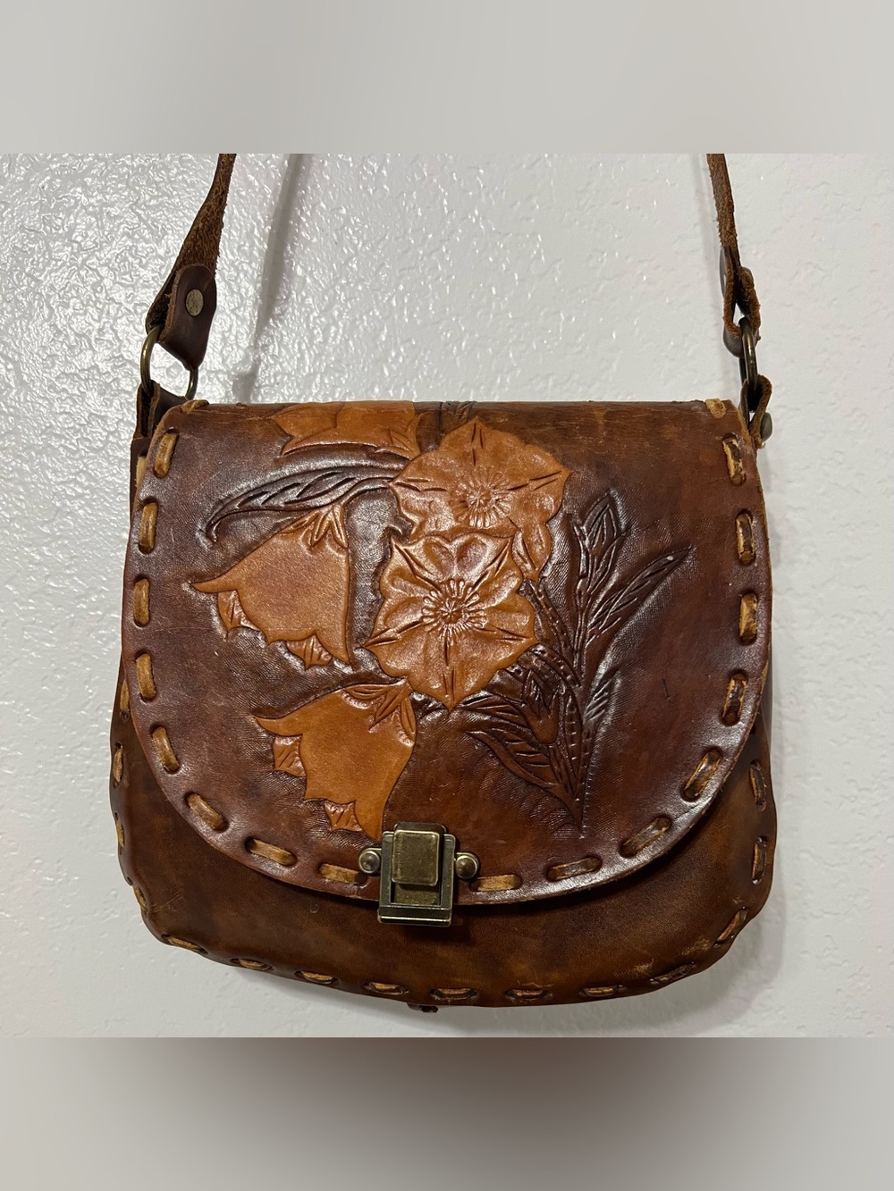 Tooled Leather Floral Crossbody Saddle Bag Brown Boho Western Vintage Style